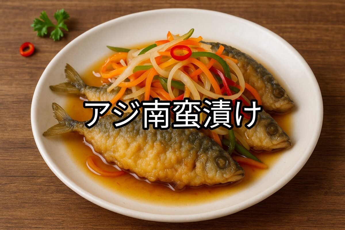 白いお皿に盛り付けられたアジの南蛮漬けの画像