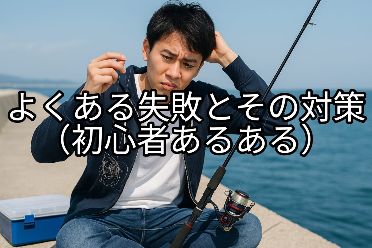 堤防で仕掛けを絡めて頭を抱えている若者の写真