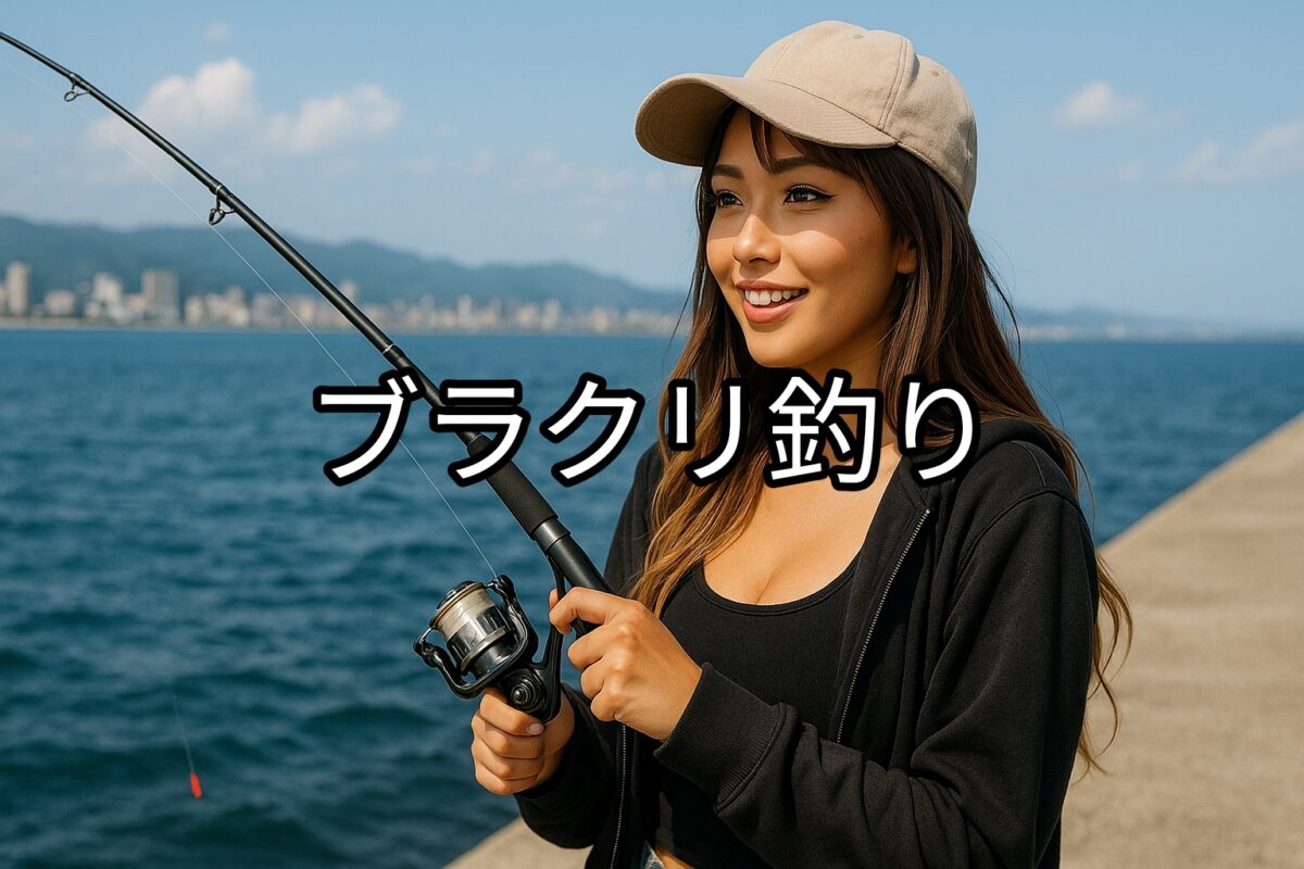 堤防でブラクリ釣りをする女性の画像