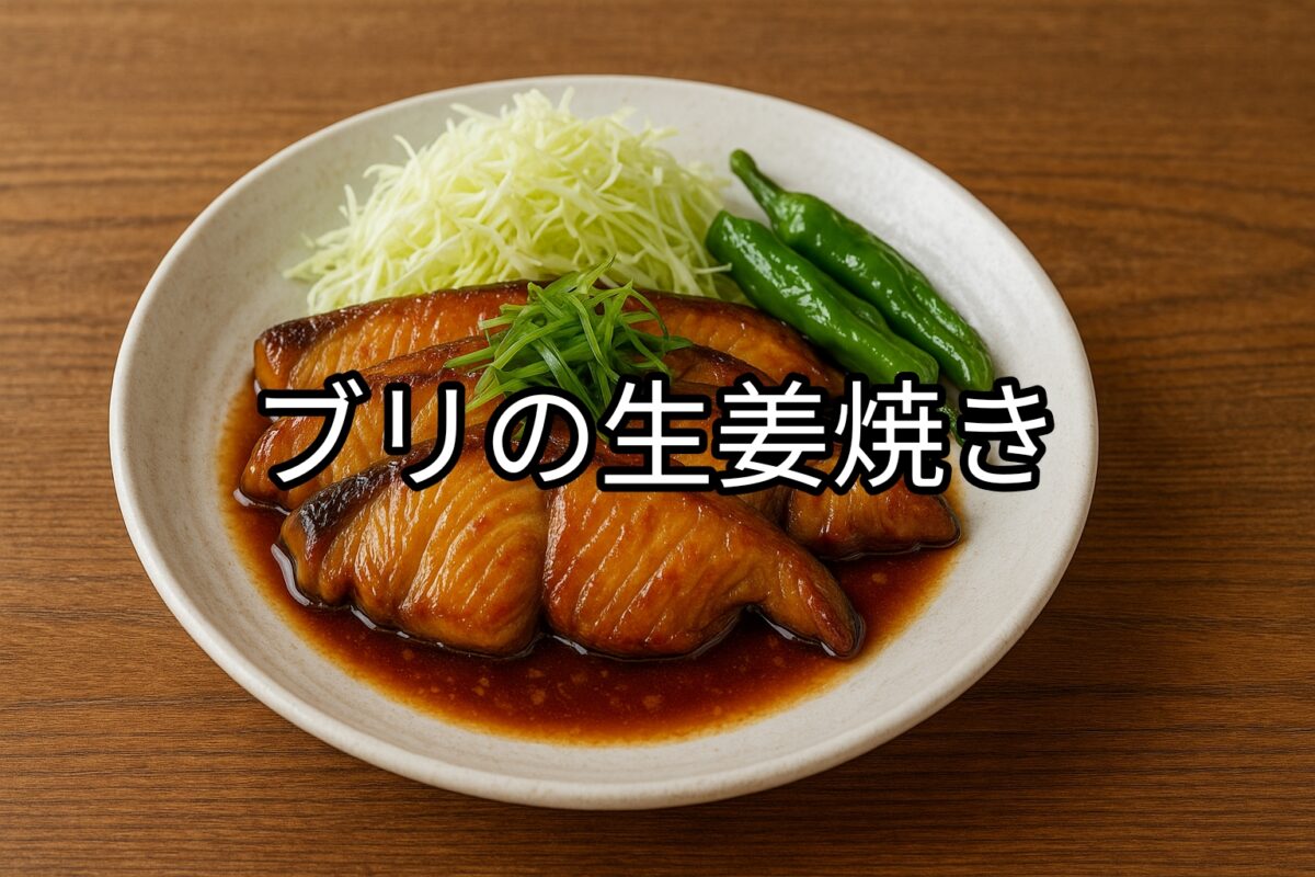 白いお皿の上のブリの生姜焼きの画像