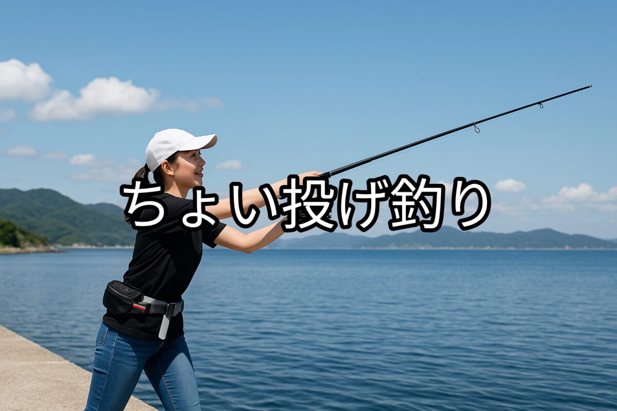 堤防でちょい投げ釣りをする女性の写真