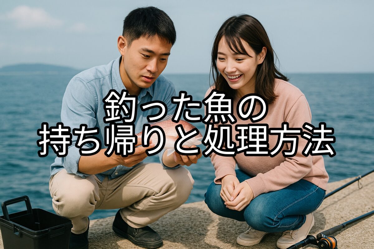 釣った魚を持って喜んでいる若いカップルの写真
