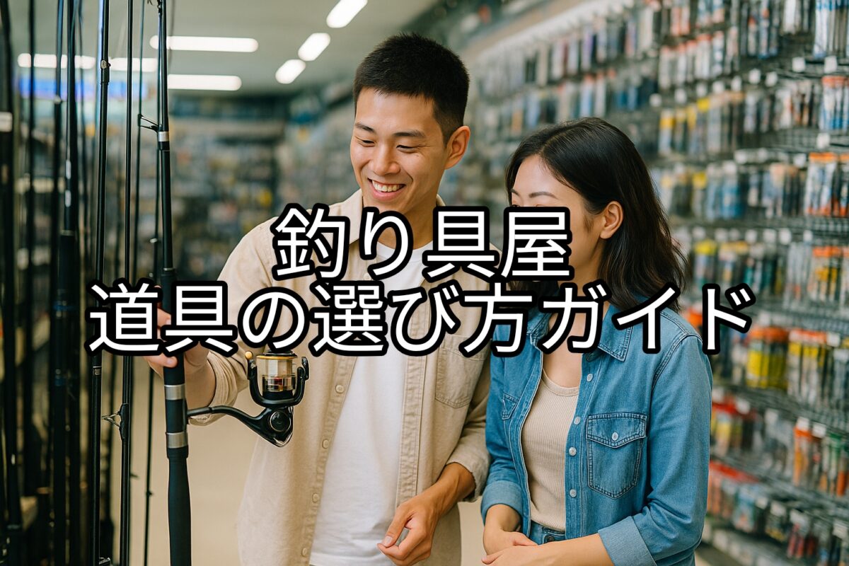 釣具屋で道具を選んでいる若いカップルの写真