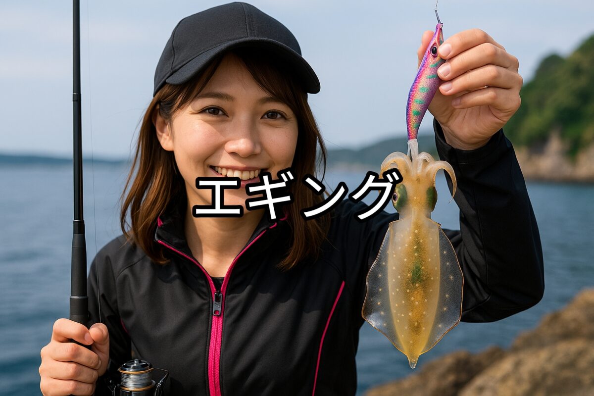 イカを釣り上げて喜ぶ女性の写真