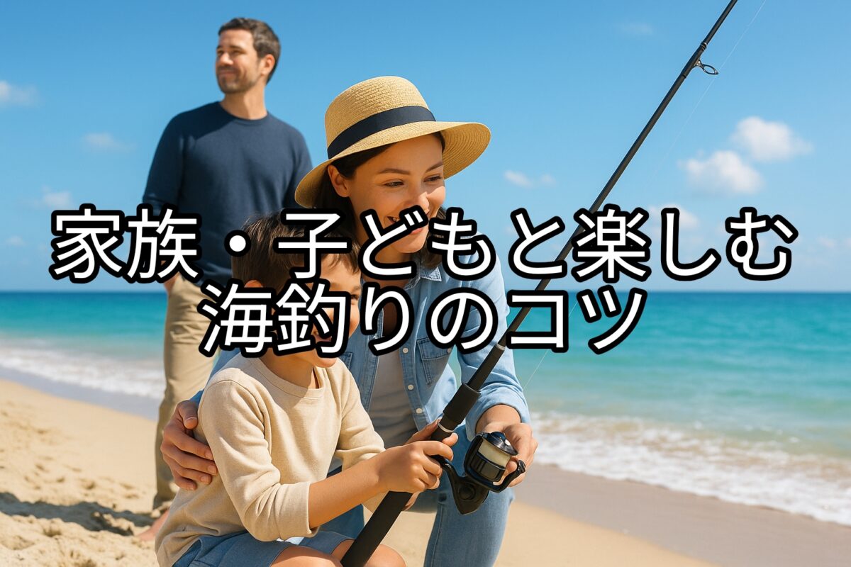 綺麗なサーフで夫婦と子供が三人で楽しそうに釣りをしている写真