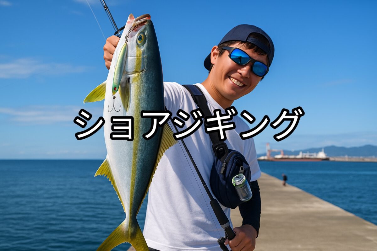 堤防でショアジギングを行い、ブリを釣り上げた時の画像