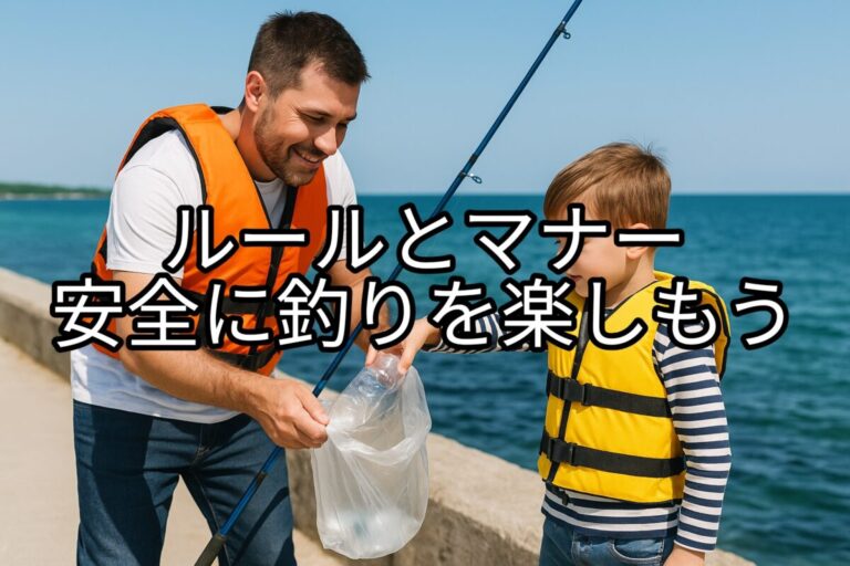 釣り場で親子がライフジャケットを着てゴミを集めている写真