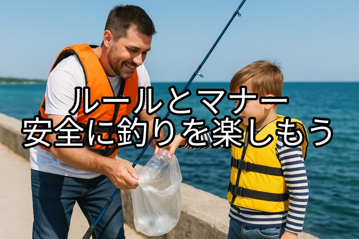 釣り場で親子がライフジャケットを着てゴミを集めている写真