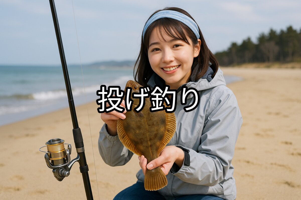 海で投げ釣りをしてカレイを釣った時の女性の写真
