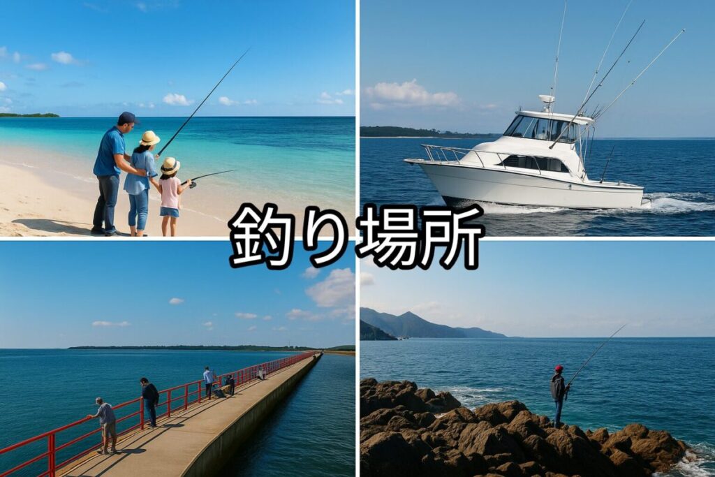 4種類の釣り場所の画像、堤防、磯、船、サーフを写している。
