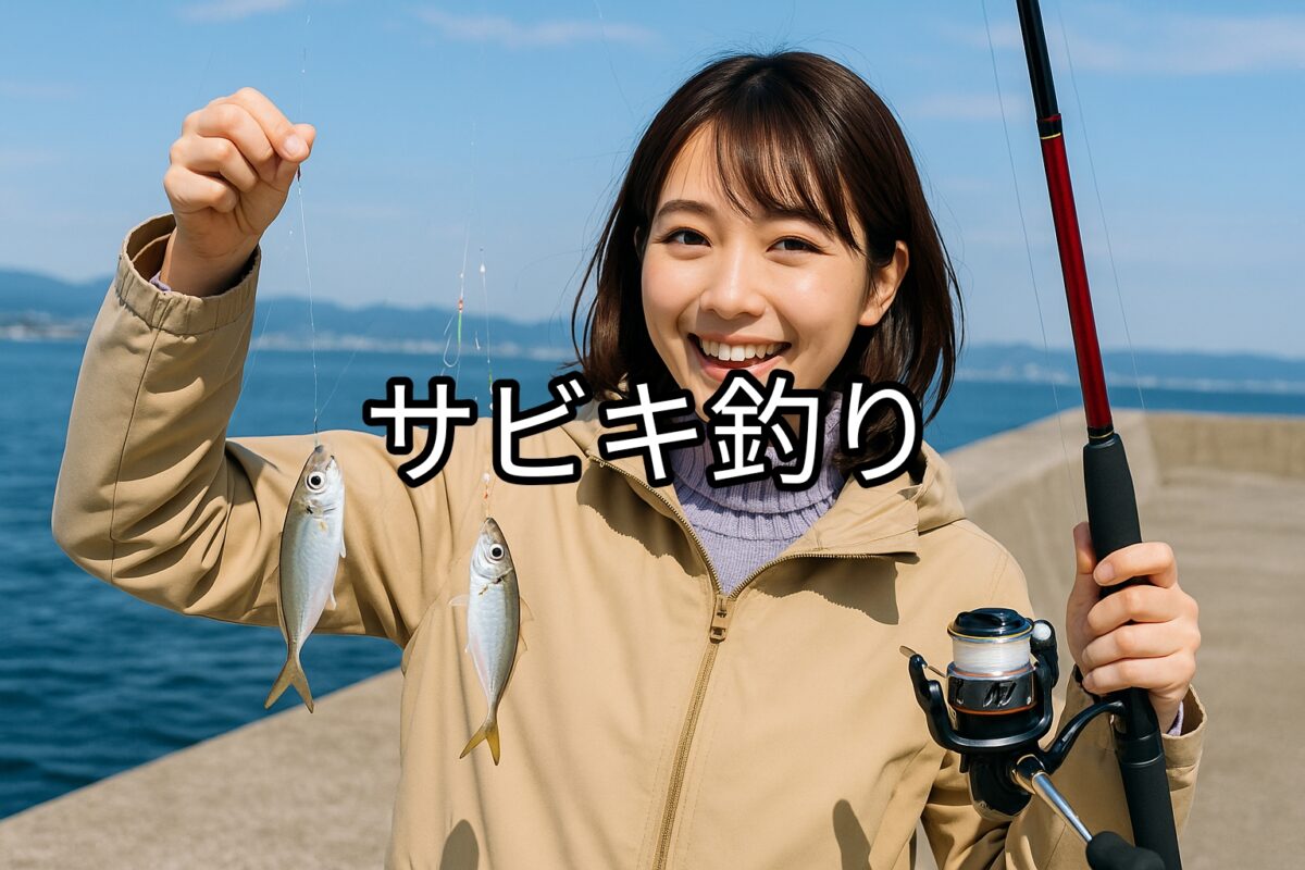 サビキ釣りしてアジを釣る女性の写真
