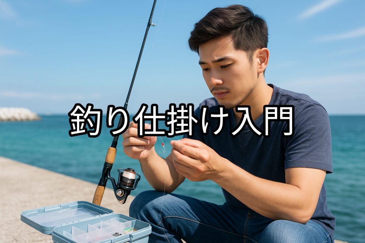 堤防で仕掛けをセットしている若者の写真