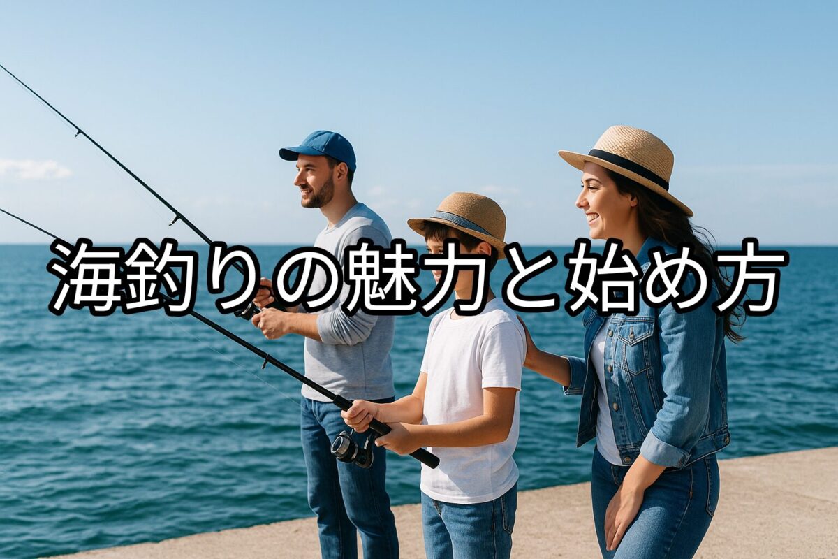 家族3人（父・母・子）が堤防で釣りを楽しむ、明るい海と空を背景にした写真