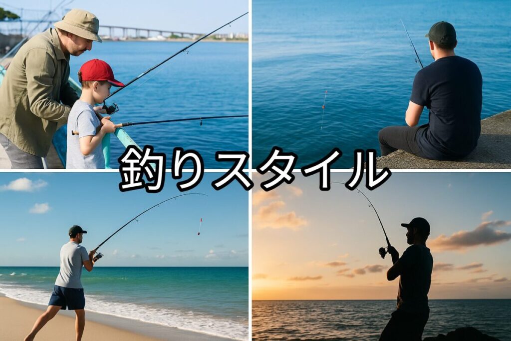 4種類の釣り方をしている写真、投釣り、サビキ釣り、ウキ釣り、ショアジギングをしている。
