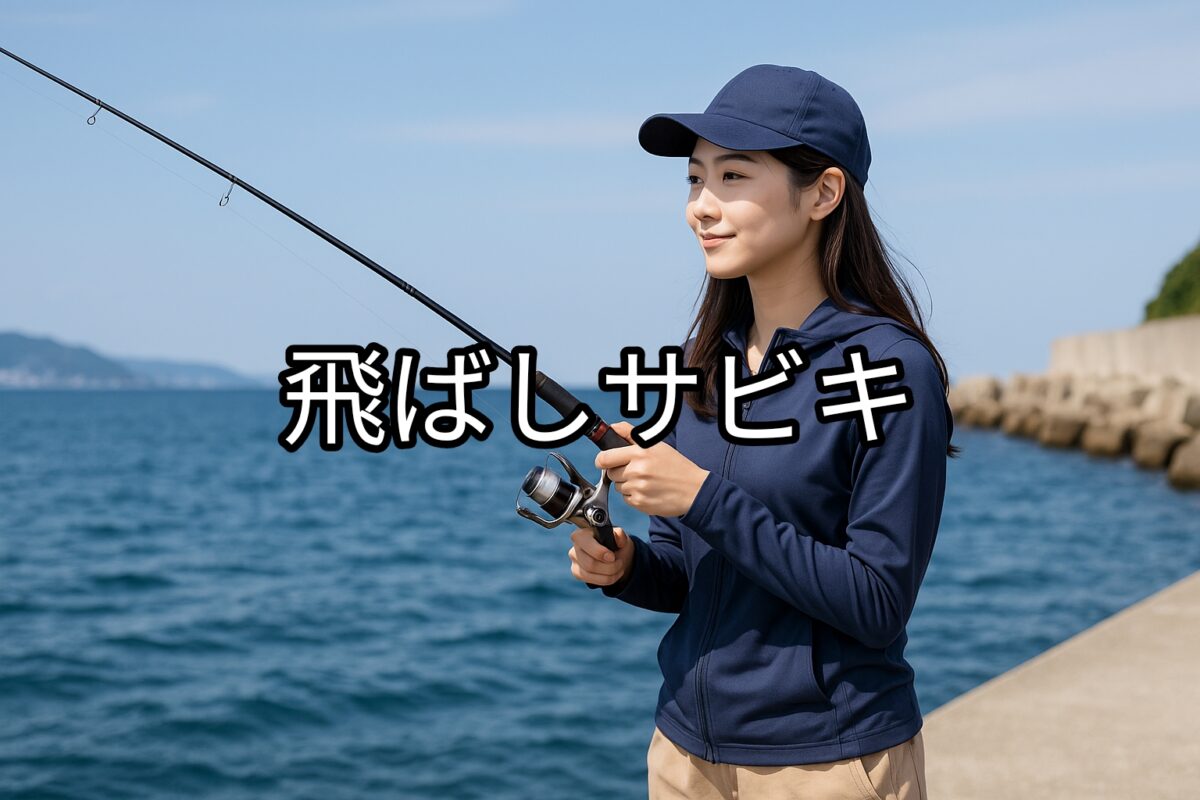 飛ばしサビキ釣りをしている女性の画像