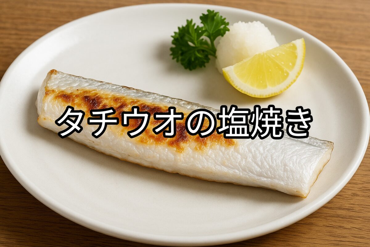 白いお皿の上のタチウオの塩焼き画像