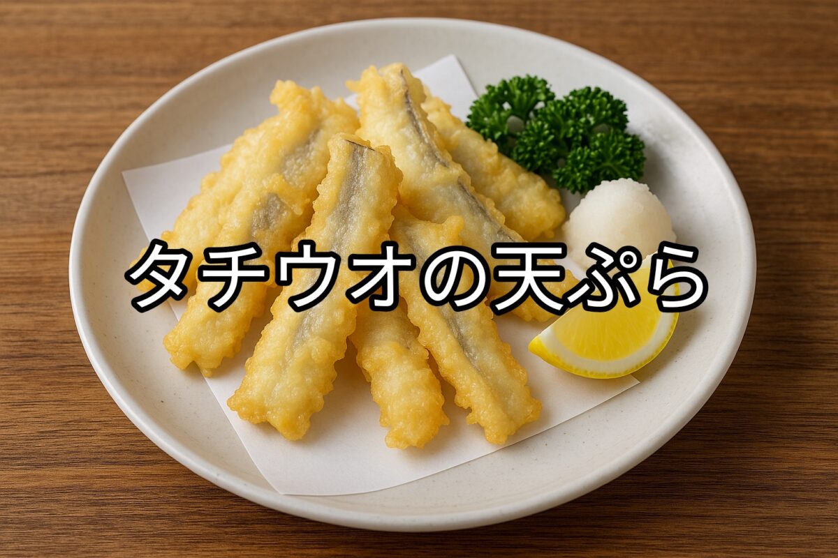 白いお皿の上のタチウオの天ぷらの画像