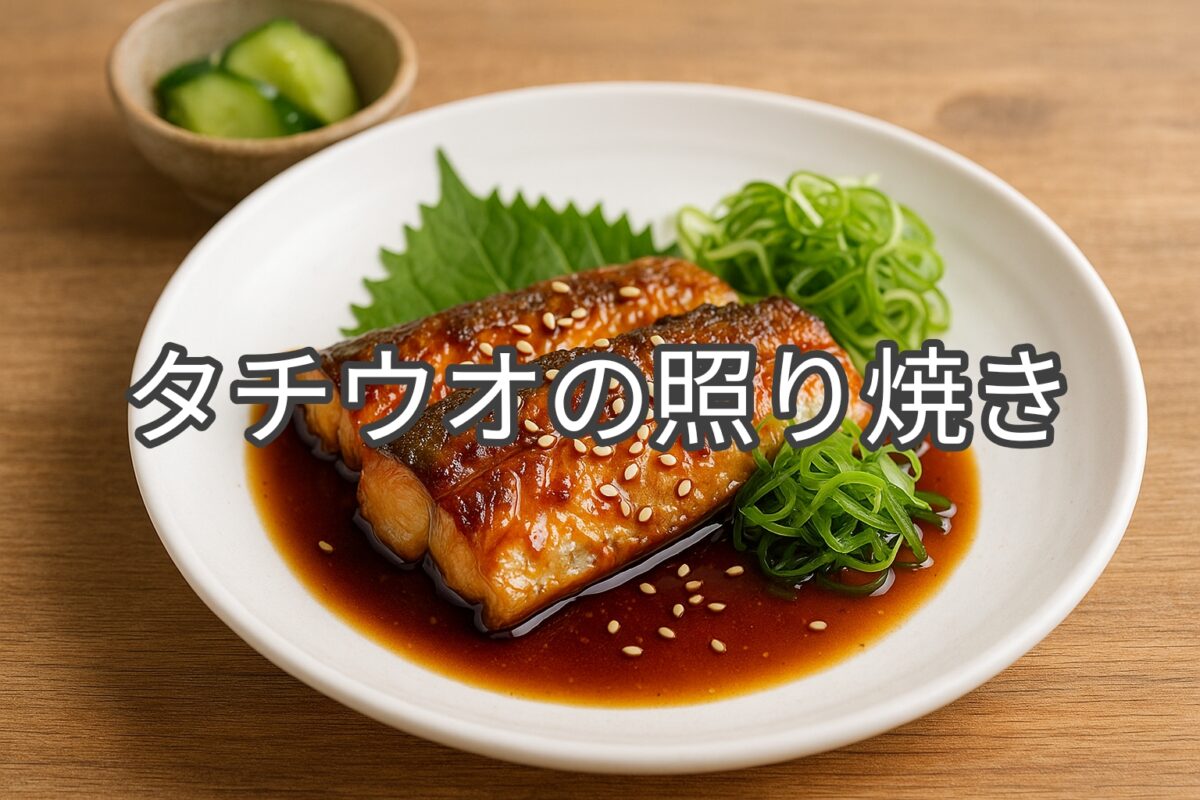 白いお皿の上のタチウオの照り焼きの画像