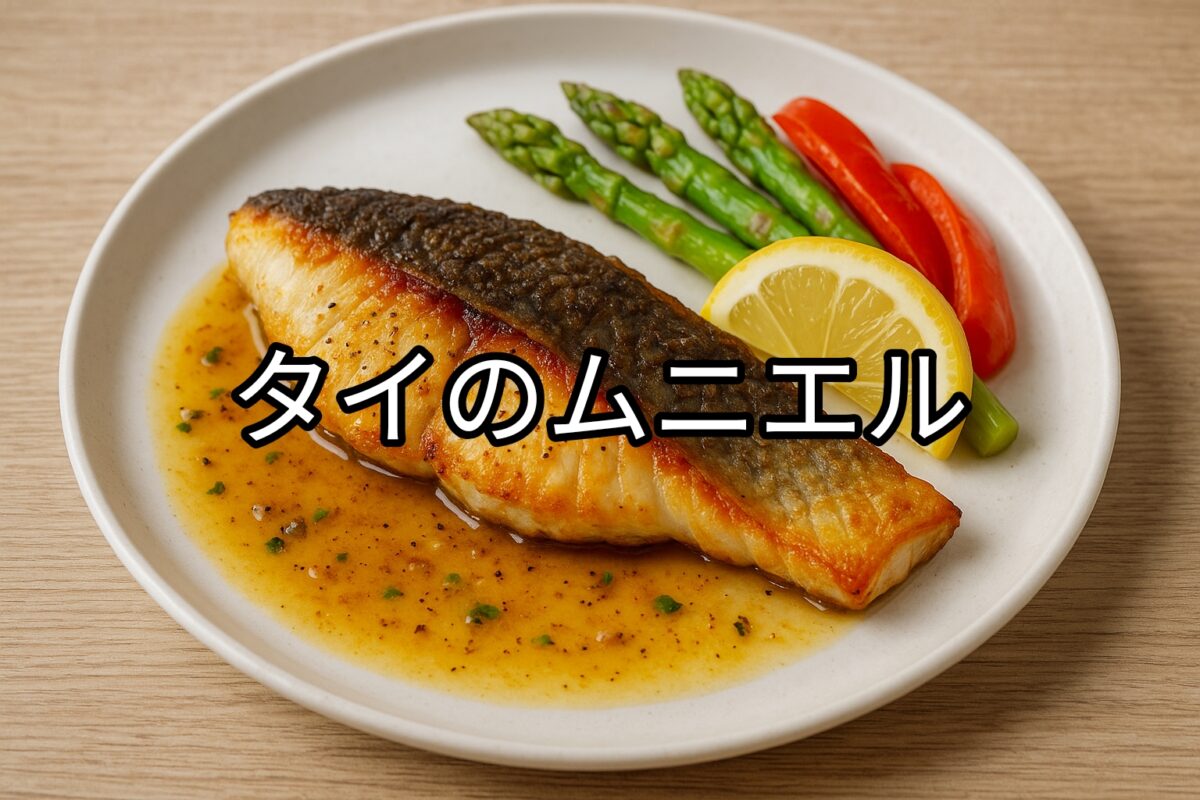 白いお皿の上のタイのムニエルの画像