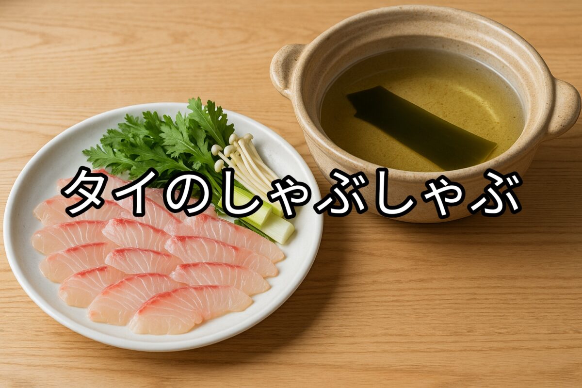 タイの刺し身、野菜とお鍋の画像