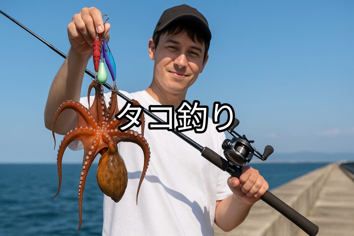 堤防でタコを釣り上げた男性の写真