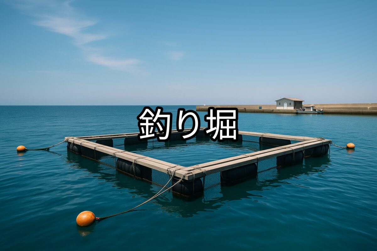 海に浮かぶ釣り堀の写真