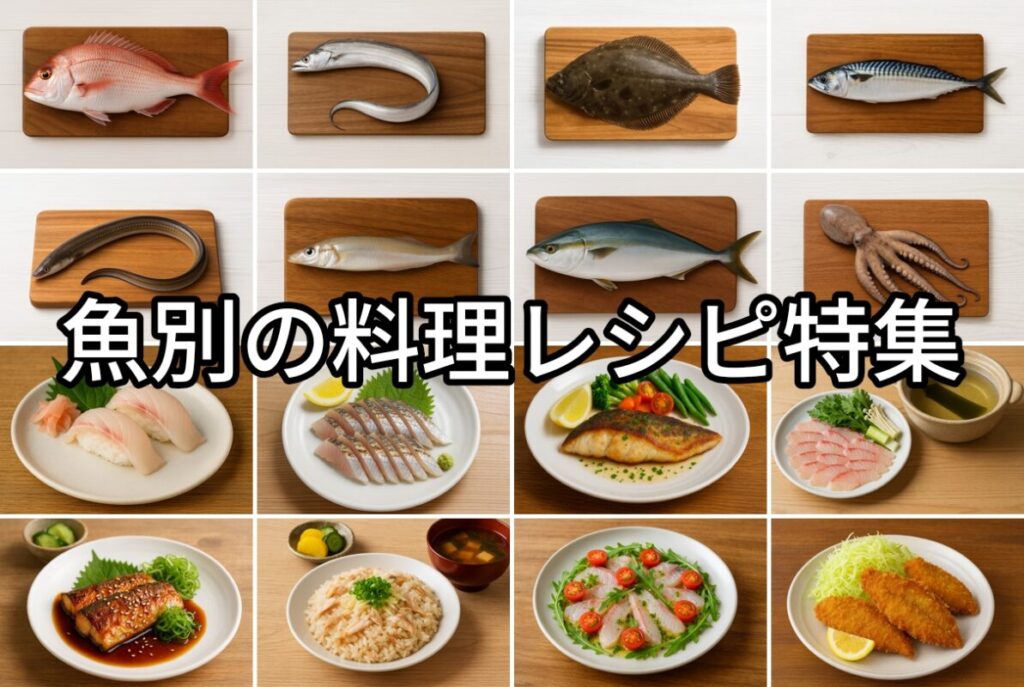 まな板の上に並んだ8種の魚の画像と、白いお皿に盛り付けられた8種の料理の画像