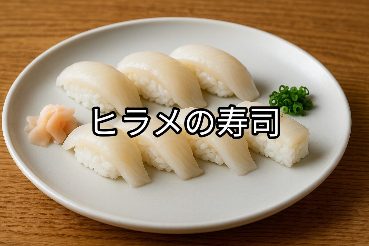 白いお皿に盛り付けられたヒラメの握り寿司の画像