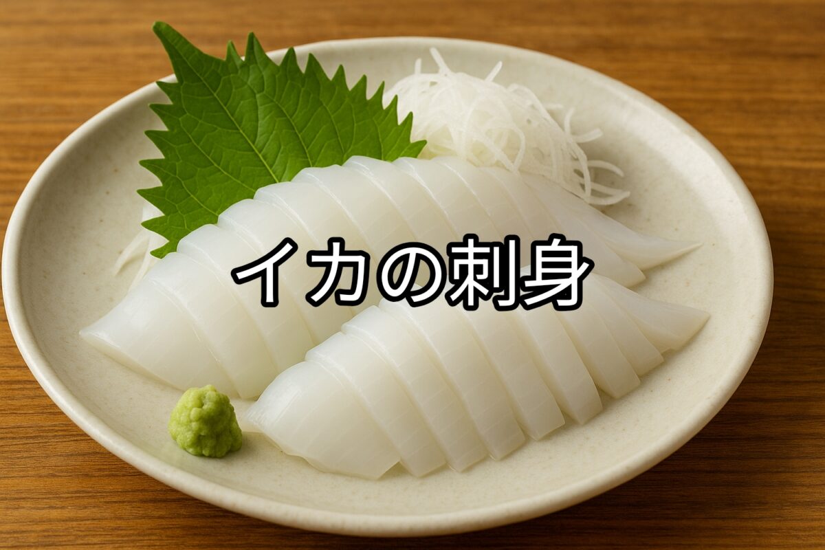 白いお皿の上に盛り付けられたイカの刺身の画像