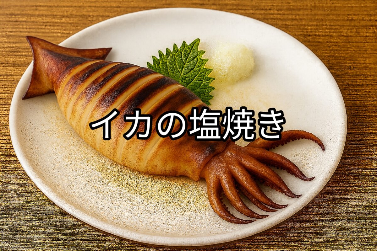 白いお皿の上に盛り付けられたイカの塩焼きの画像