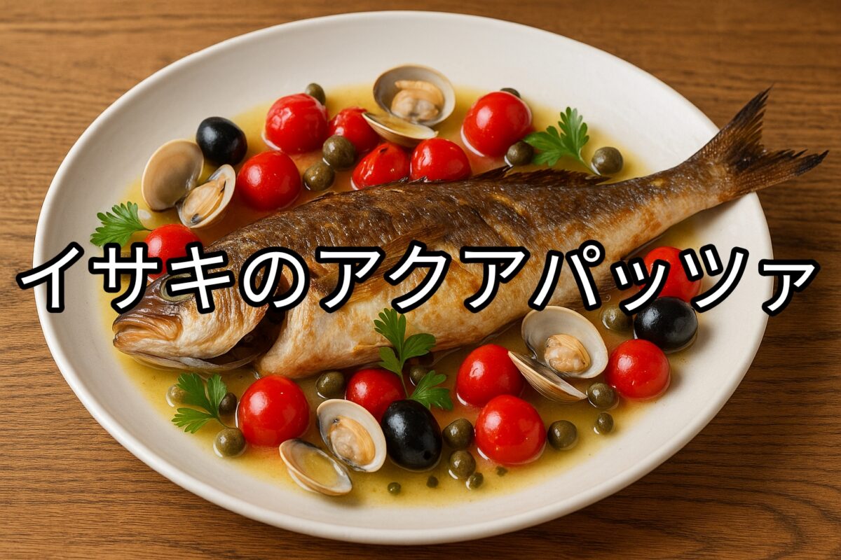 白いお皿に盛り付けられたイサキのアクアパッツァの画像
