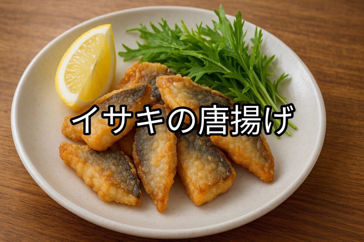 白いお皿に盛り付けられたイサキの唐揚げの画像