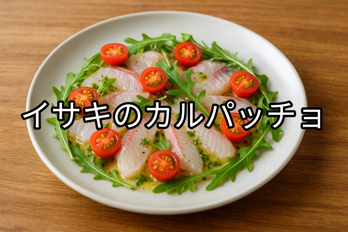 白いお皿に盛り付けられたイサキのカルパッチョの画像