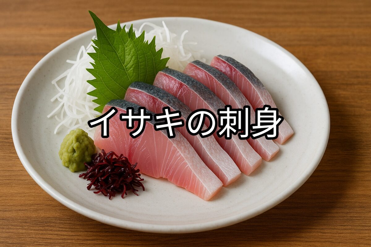 白いお皿に盛り付けられたイサキの刺身の画像