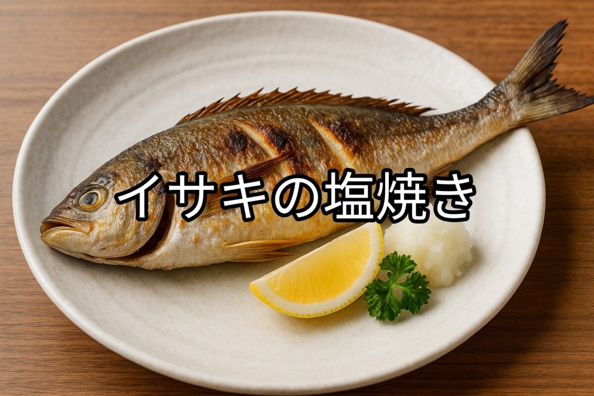 白いお皿に盛り付けられたイサキの塩焼きの画像