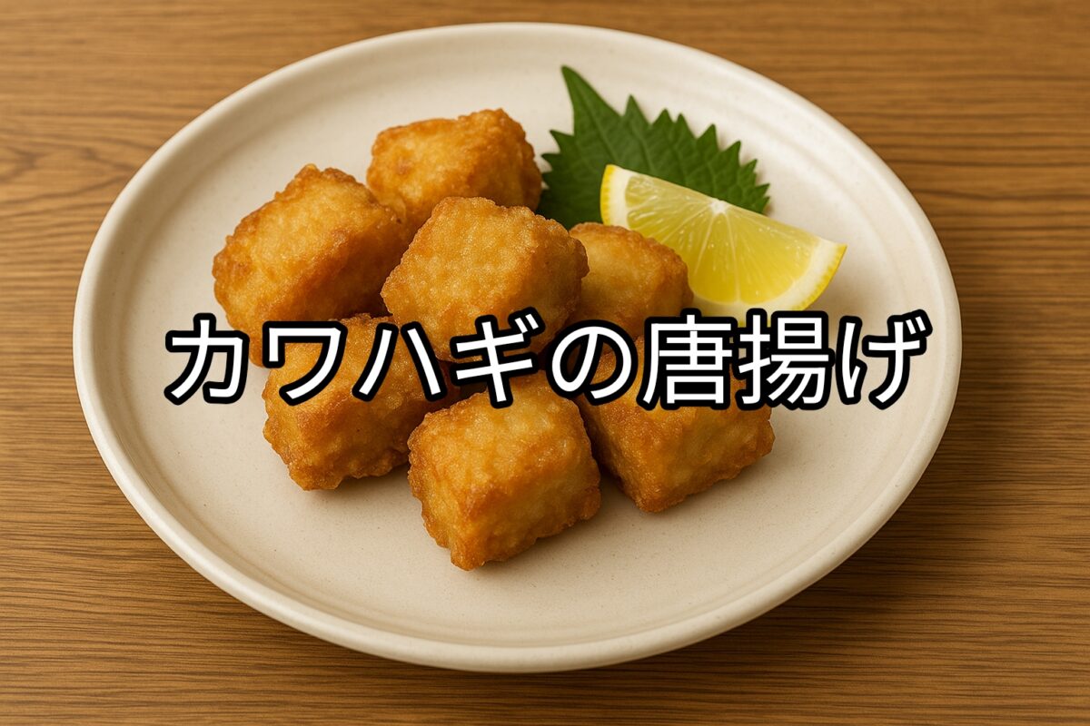 白いお皿に盛り付けられたカワハギの唐揚げの画像