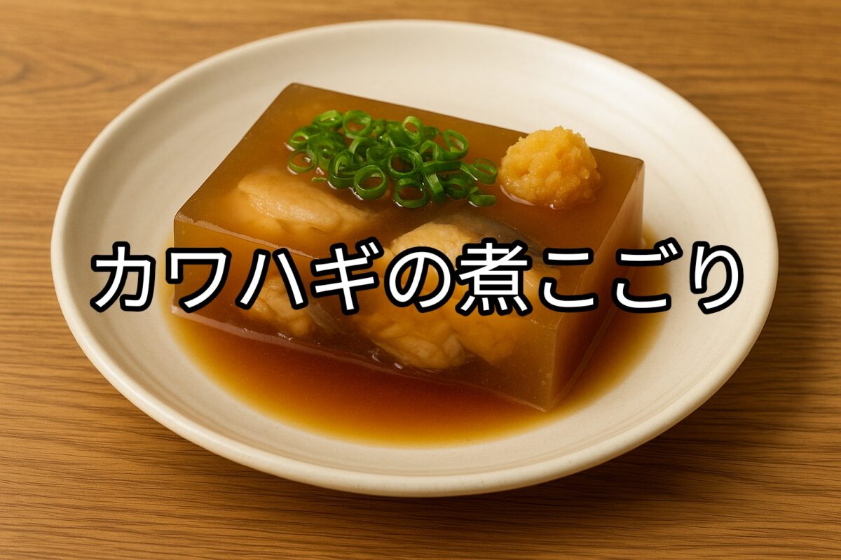 白いお皿に盛り付けられたカワハギの煮こごりの画像