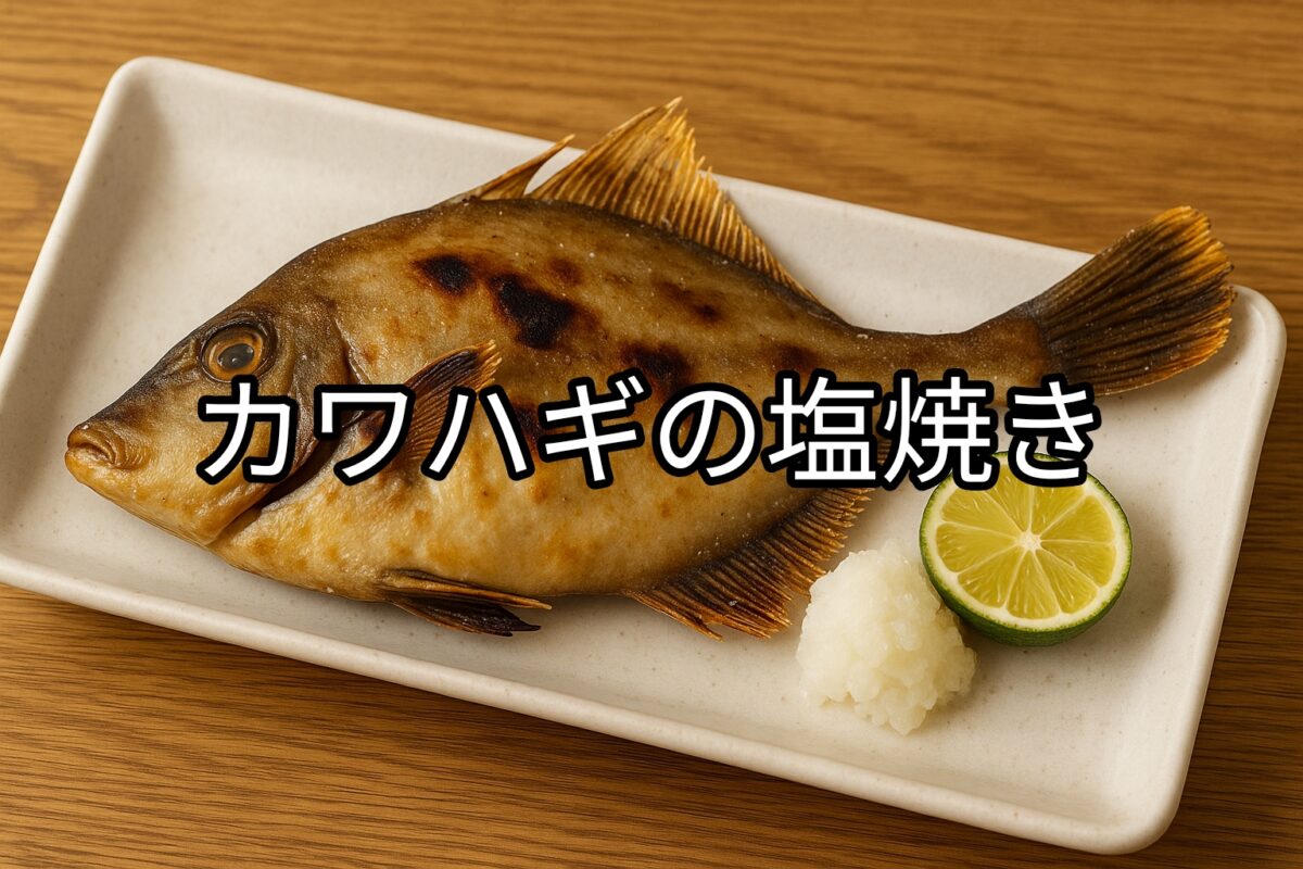 白いお皿に盛り付けられたカワハギの塩焼きの画像