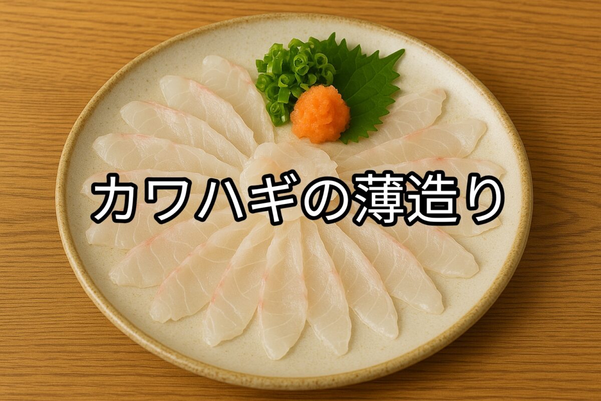 白いお皿に盛り付けられたカワハギの薄造りの画像