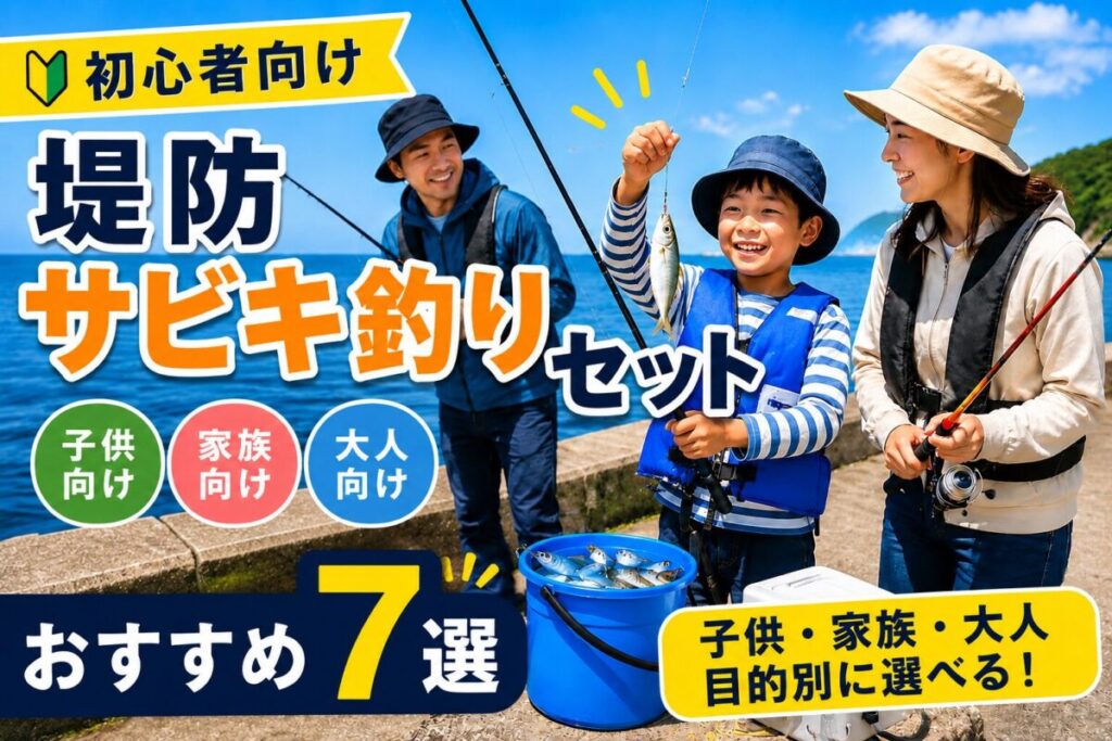 堤防サビキ釣りセットのアイキャッチ画像。家族で楽しそうにサビキ釣りをする様子の背景。