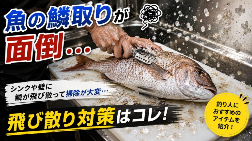 鯛の鱗を取って、鱗が飛び散って悩んでいる画像