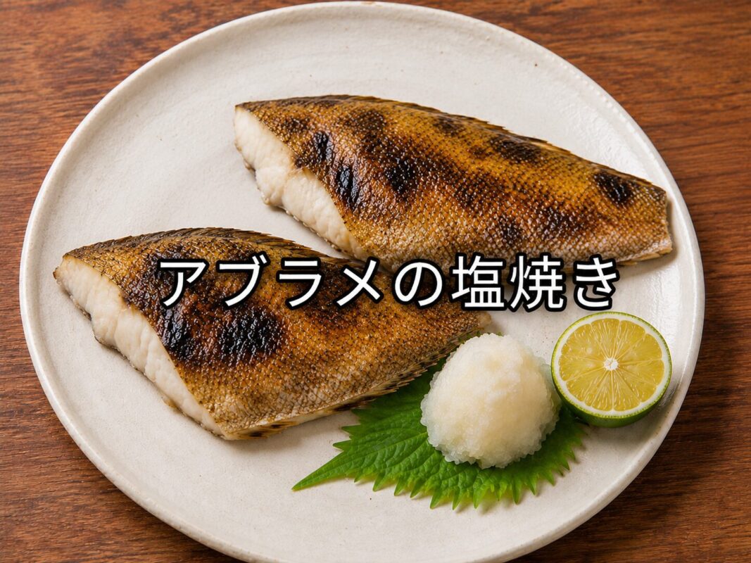 白い皿に盛り付けたアブラメの塩焼き。大根おろしとすだちを添えた和風の焼き魚料理。
