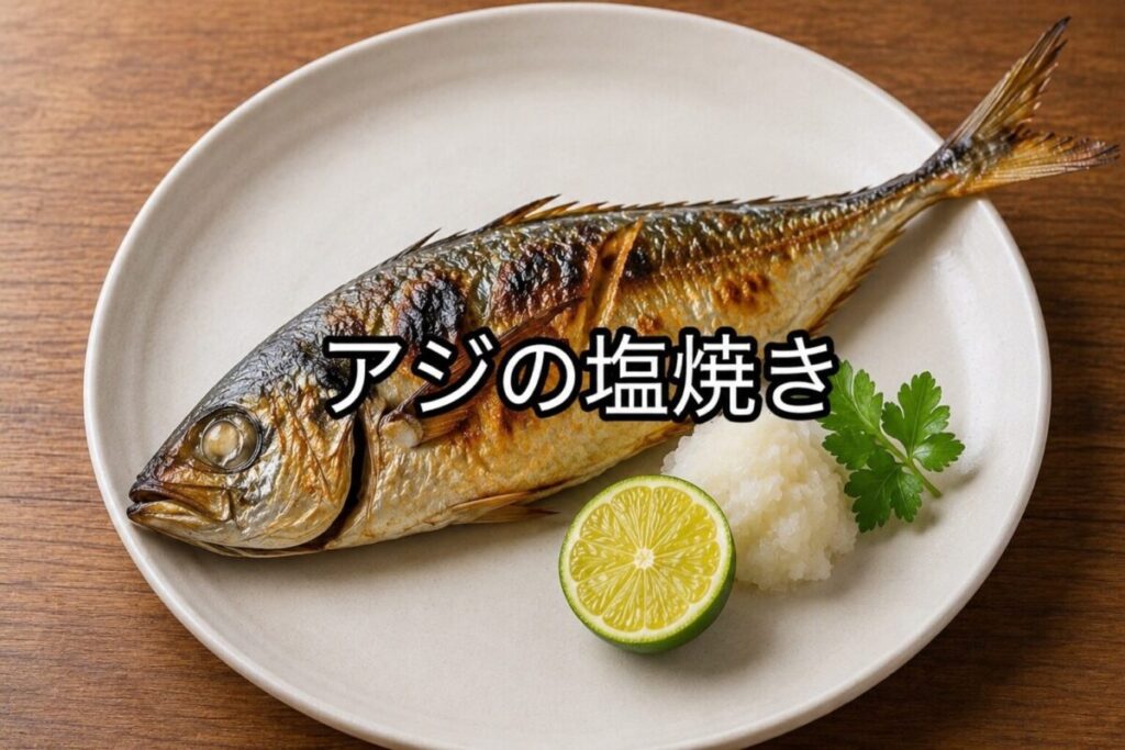 白い皿に盛り付けたアジの塩焼き。すだちと大根おろしを添えた焼き魚の料理写真。