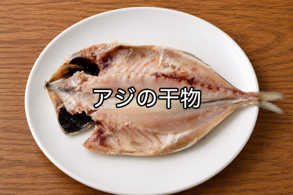 白い皿に一匹のアジの干物を開いた状態で盛り付け、木目調のテーブルに置いた料理画像