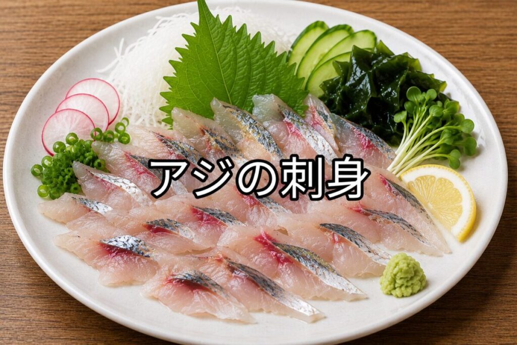 アジの刺身を白い皿に盛り付けた料理写真。大葉・大根のつま・わかめ・きゅうり・レモン・わさびを添えて彩りよく仕上げている。