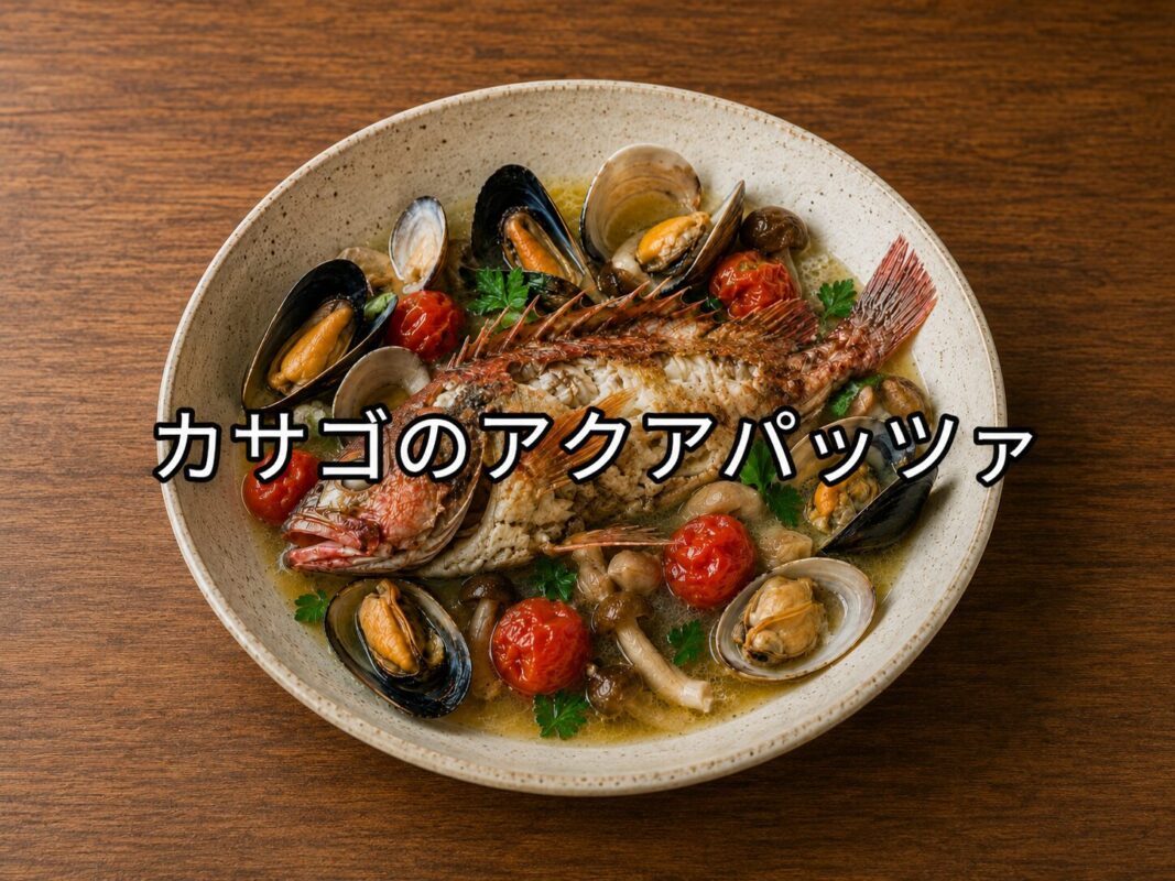 深めの皿に盛り付けたカサゴのアクアパッツァ。あさり、ムール貝、ミニトマト、きのこを添えた魚料理。