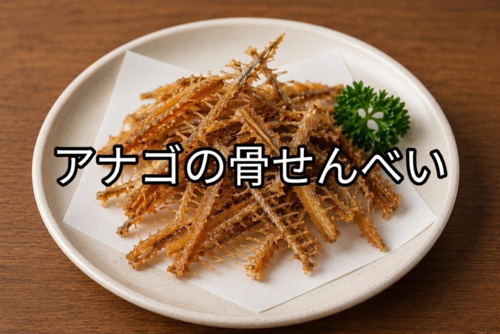 白い皿に盛り付けたアナゴの骨せんべい。香ばしく揚げた骨を重ねた和風の一品。
