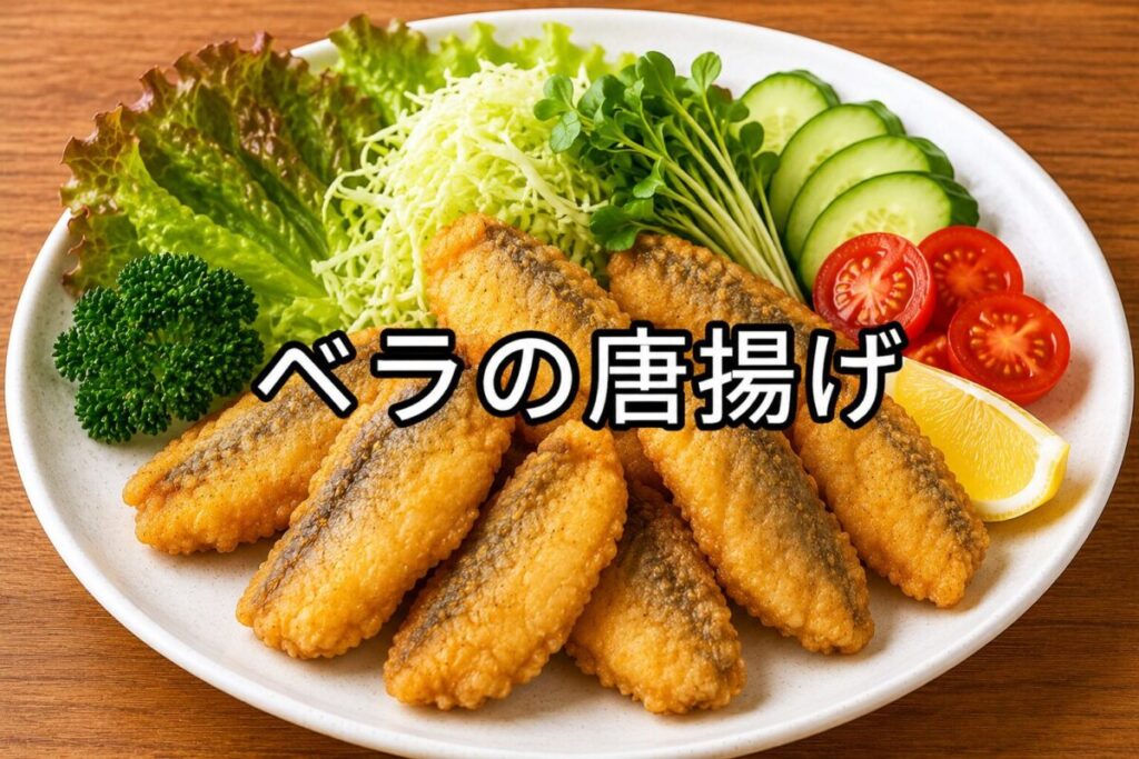 ベラの三枚おろしを唐揚げにし、レタス・キャベツ・ブロッコリー・きゅうり・ミニトマト・レモンを添えて白い皿に盛り付けたベラの唐揚げ