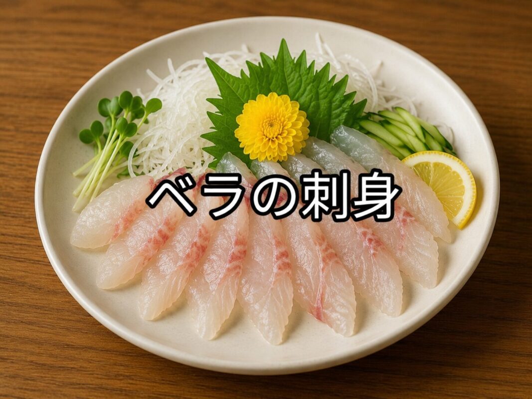 ベラの刺身を白い皿に盛り付けた料理写真。淡い色の白身を小さめに多めに並べ、大根のつまや青じそ、野菜を添えて木目調のテーブルに美しく盛り付けている。