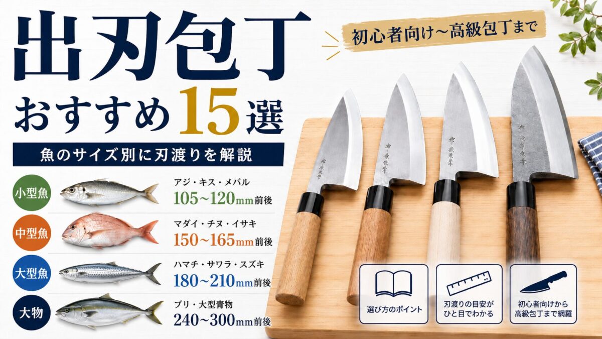 出刃包丁おすすめ15選のアイキャッチ画像。魚のサイズ別に小型魚・中型魚・大型魚・大物向けの刃渡り目安を紹介し、複数の出刃包丁を並べた比較イメージ。